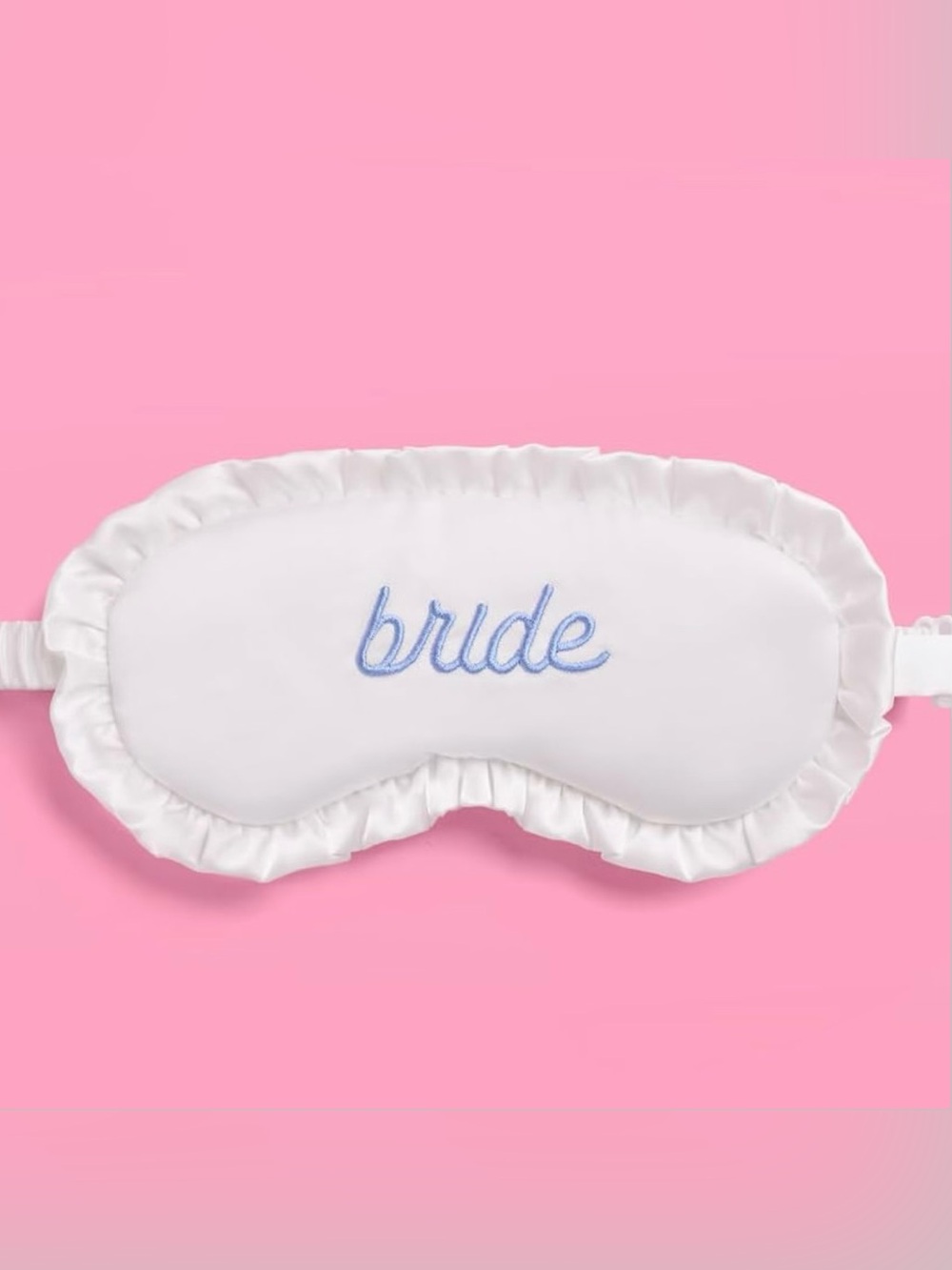 Ruffled Bride Sleep Mask, White Satin + Blue Embroidery